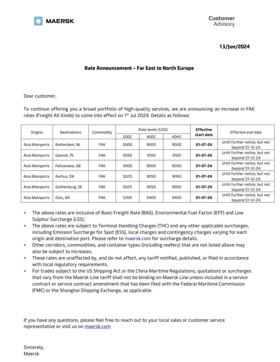 Maersk Raises North Europe FAK Rates Effective July 1