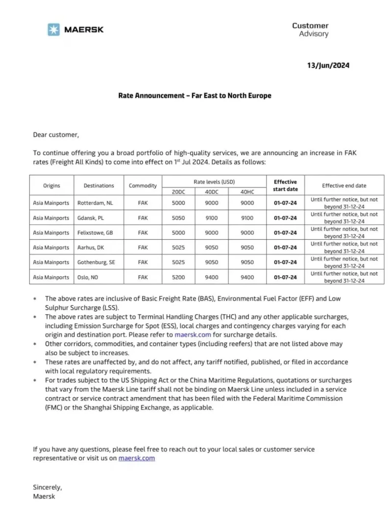Maersk Raises North Europe FAK Rates Effective July 1 Maersk Raises North Europe FAK Rates Effective July 1